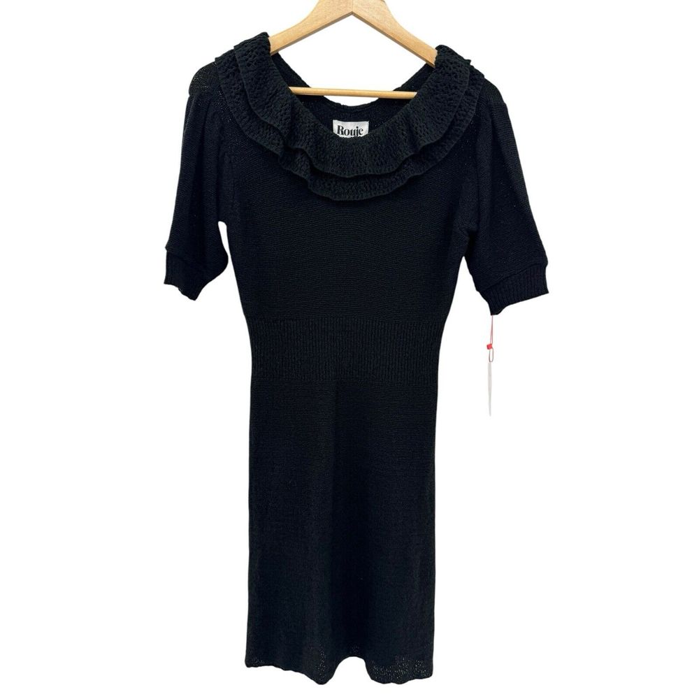 Nwt Rouje Paris Womens Javier Dress Short Sleeve Ruffle Neck Knit Black Size 36